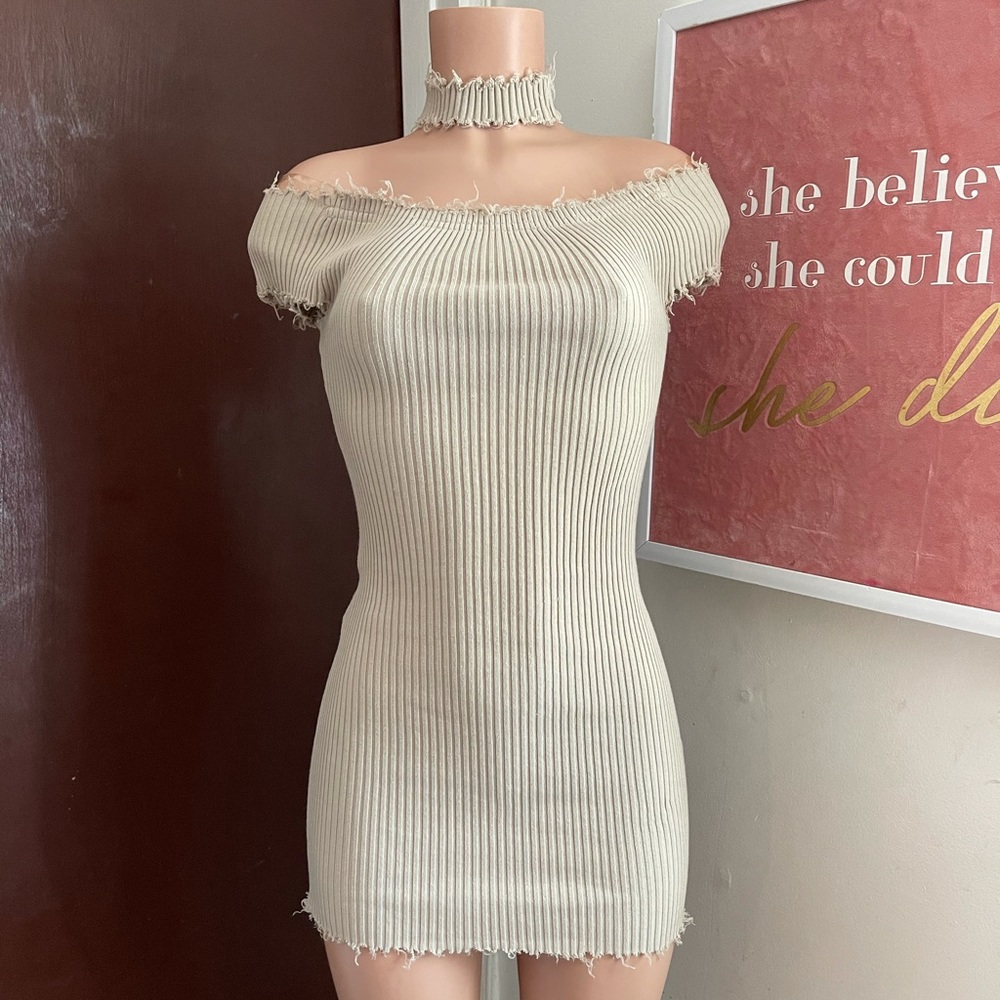 Ribbed Tan Off-Shoulder Mini Dress